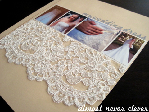 This scrapbook layout features actual lace from my wedding dress